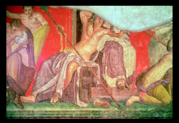 Entourage dionysiaque avec Dionysos se couchant sur les genoux d